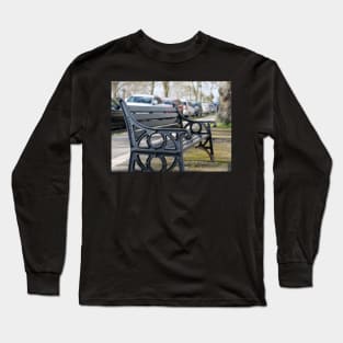 Bench for people to sit along the Thames river embankment in Windsor, Berkshire, England, UK Long Sleeve T-Shirt